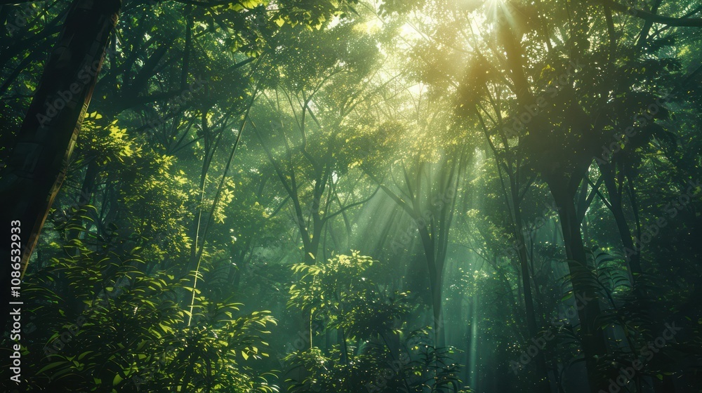 Tranquil Panoramic Rainforest Landscape with Diverse Flora and Towering Trees Tranquil Panoramic Rainforest Landscape with Diverse Flora and Towering Trees