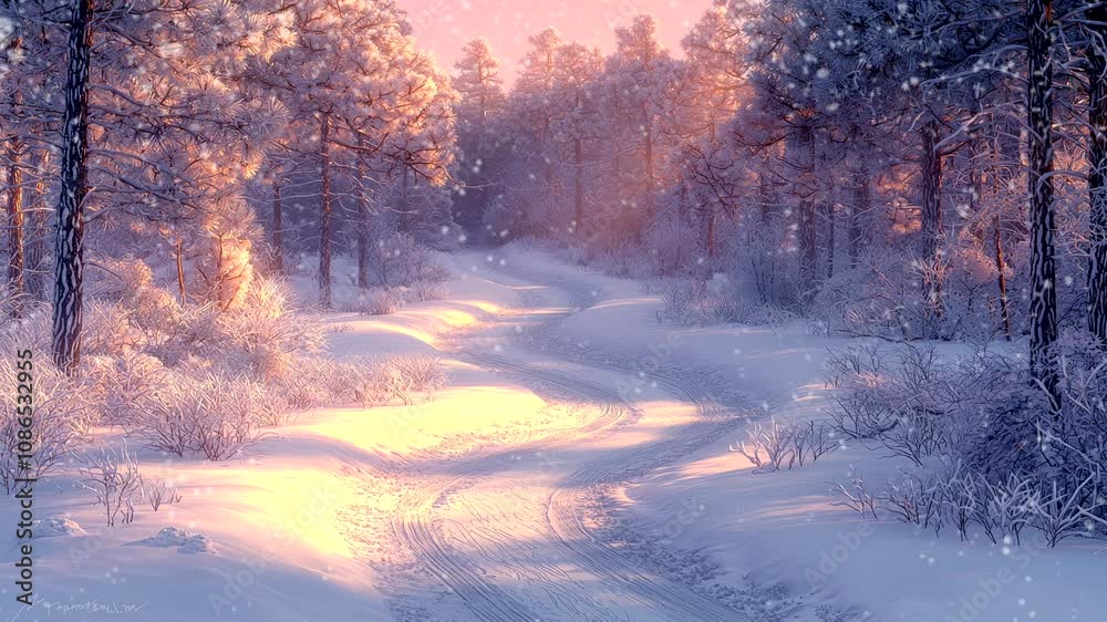 A serene winter landscape with a snowy path winding through a forest at sunset. A serene winter landscape with a snowy path winding through a forest at sunset.