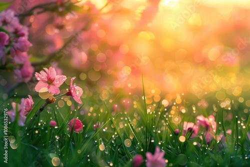 A serene landscape featuring blooming flowers and soft bokeh effects in a sunlit setting.