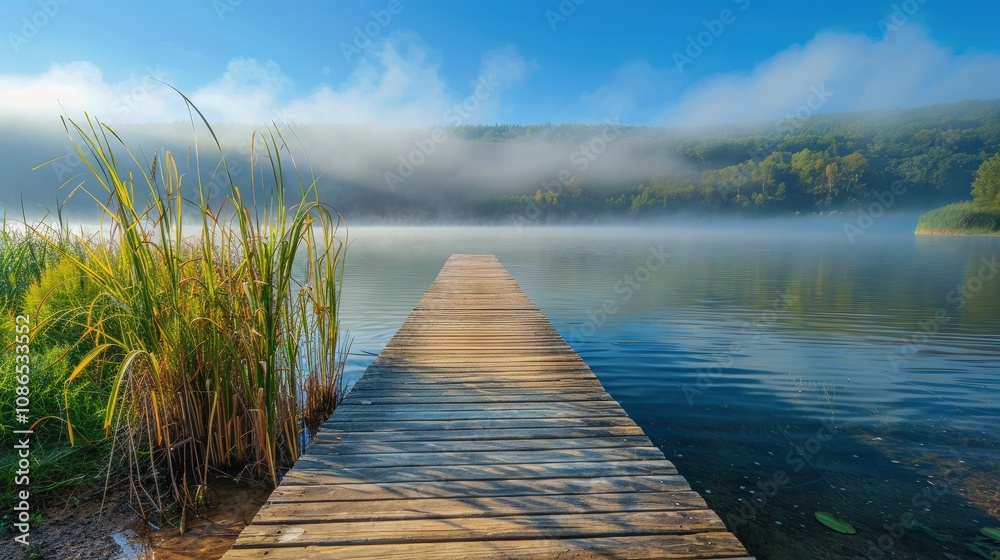 Obraz premium Serene Lake Dock in Morning Fog and Mist