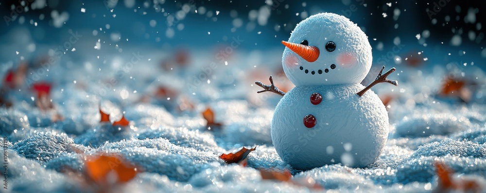 Adorable Snowman in Winter Wonderland Snow Leaves Holiday Scene Adorable Snowman in Winter Wonderland Snow Leaves Holiday Scene