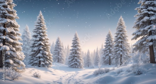 Serene Winter Wonderland with Snowy Trees and Lights