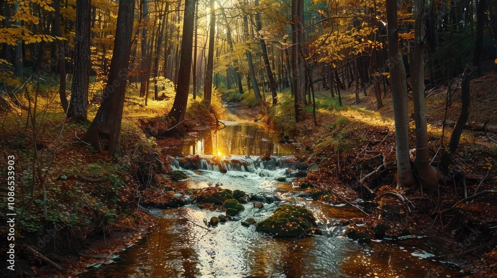 Fototapeta premium The lush green forest is full of mystery. A small river flows through the center, and the trees are covered in moss.