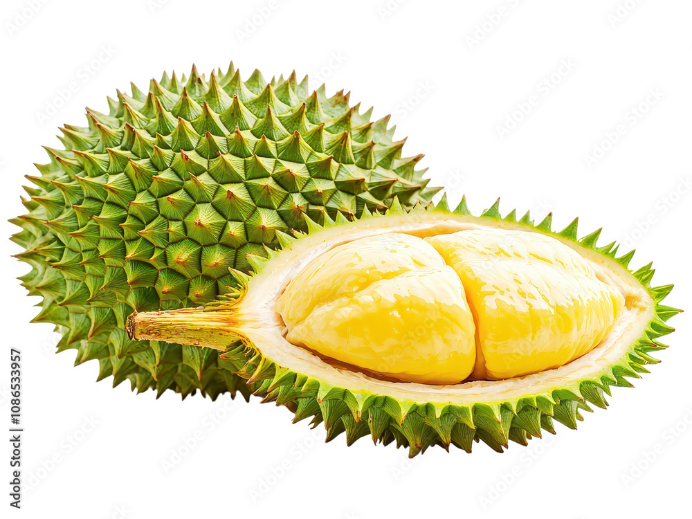 Obraz premium Fresh Durian with Spiky Exterior and Yellow Pulp