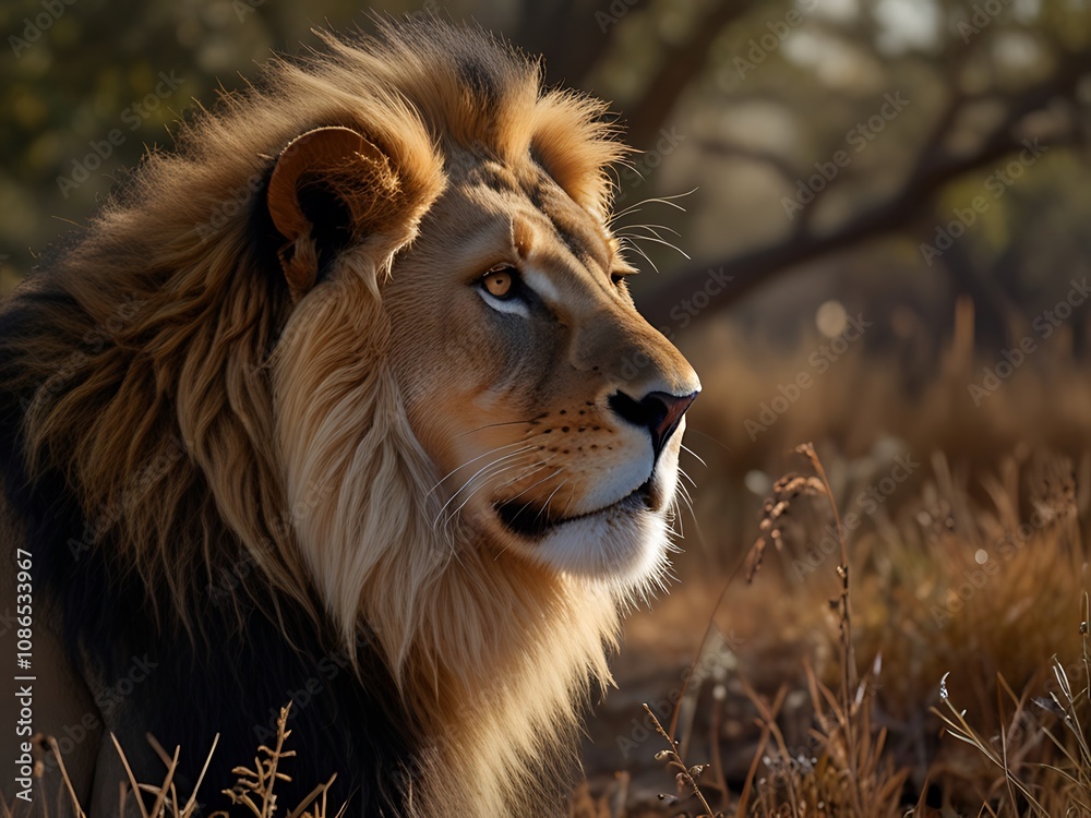 Majestic Male Lion Profile In Golden Sunlight Majestic Male Lion Profile In Golden Sunlight