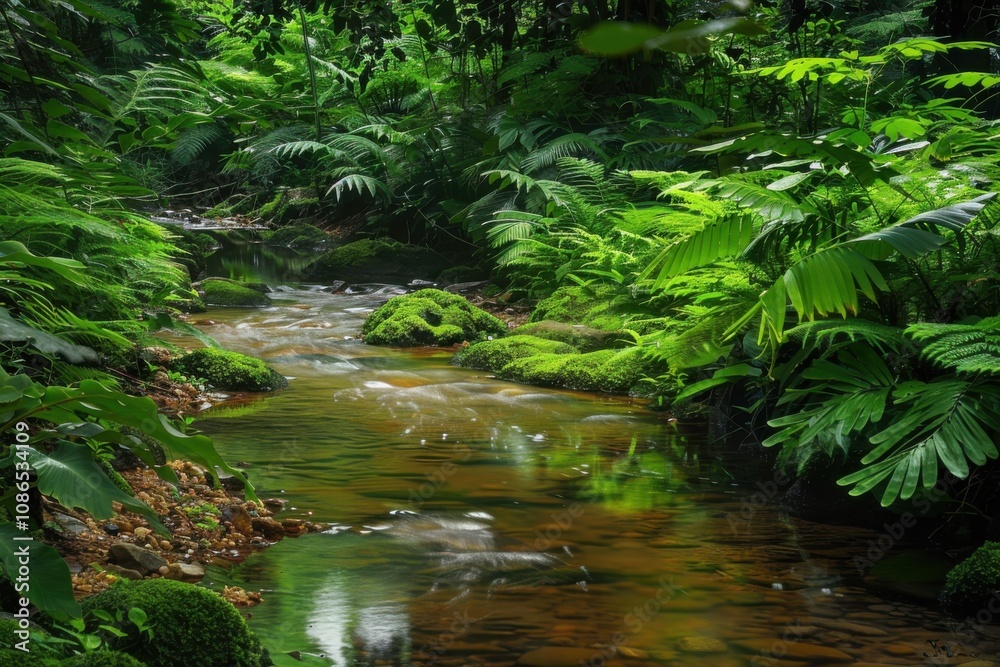 A serene forest scene featuring a flowing stream surrounded by lush greenery and ferns. A serene forest scene featuring a flowing stream surrounded by lush greenery and ferns.