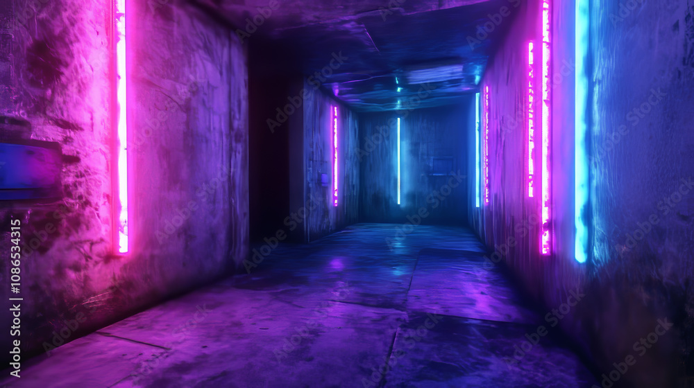 A dark, empty room with a futuristic vibe. Grungy concrete walls are lit by glowing purple, blue, and pink neon lights. It's a 3D rendering. A dark, empty room with a futuristic vibe. Grungy concrete walls are lit by glowing purple, blue, and pink neon lights. It's a 3D rendering.