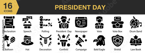 President Day solid icon set. Includes vote, vote box, speech, polling, newspaper, law book, and More. Solid icons vector collection.