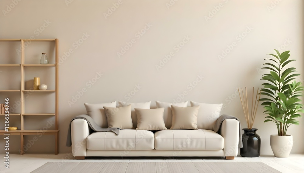 A modern, minimalist white sofa with several beige throw pillows in a simple, clean living room setting