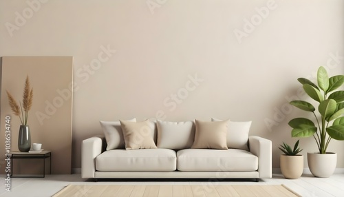 A modern, minimalist white sofa with several beige throw pillows in a simple, clean living room setting