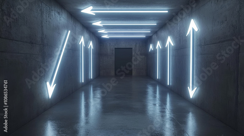 A dark, empty concrete room is lit by neon arrows pointing towards the center. It's a 3D image.