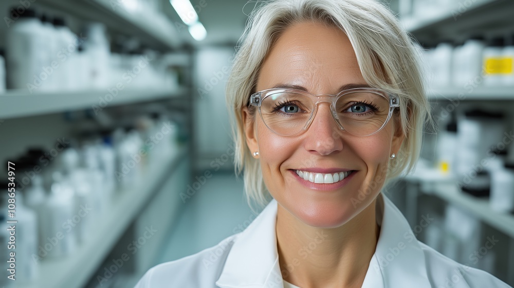 Fototapeta premium A Smiling Female Pharmacist in a Modern Pharmacy Filled With Shelves of Medication During Daytime, Showcasing a Welcoming and Professional Atmosphere
