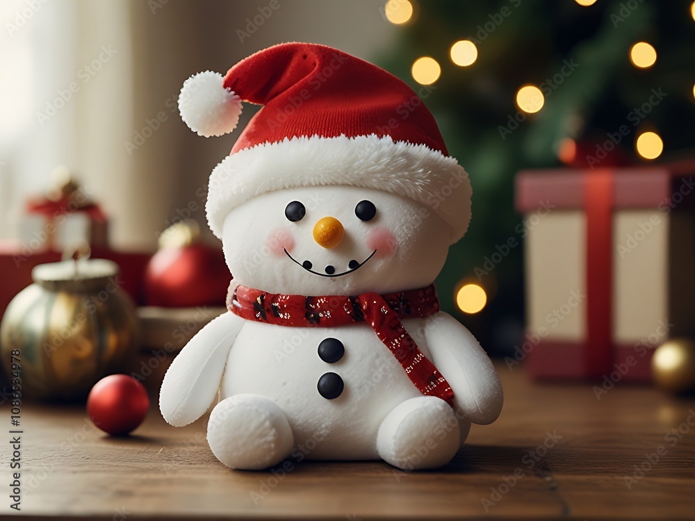 Festive Snowman Toy Wearing Santa Hat And Scarf Festive Snowman Toy Wearing Santa Hat And Scarf