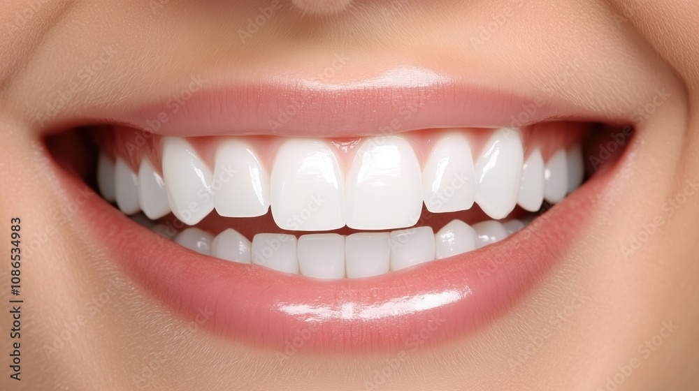 Obraz premium A Close-Up View of a Smiling Person Showcasing Bright, White Teeth and Healthy Gums, Highlighting Oral Hygiene and Confidence, Captured in Natural Light