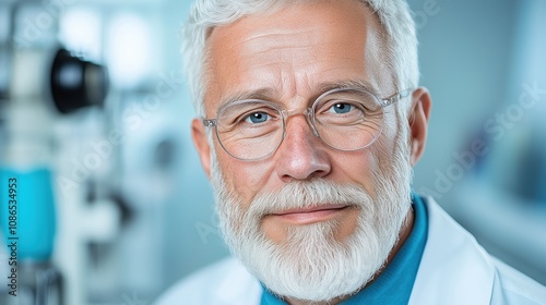 Experienced Elderly Male Doctor With Glasses Poses Confidently, Exuding Professionalism in a Modern Medical Facility During Daylight Hours