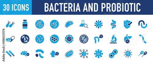 set of 30 Bacteria and Probiotic icon. Microbe, Medicine Jar, Germs, Sperms, Microorganism, Search, Covid 19, Shield, Infection, Pills, Restricted, Germs, Bonding, Caviar, Stop vector illustration.