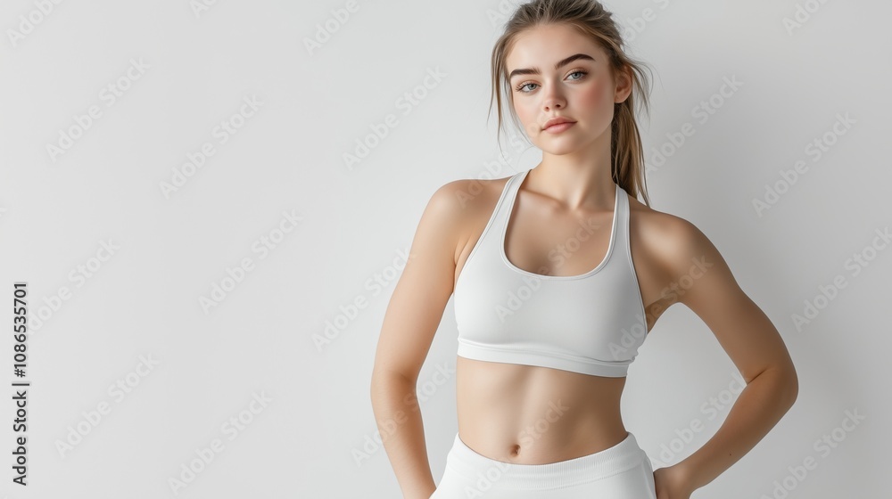 Fototapeta premium A Young Woman Poses Confidently in a Minimalistic Studio While Wearing a Sports Bra and Leggings, Showcasing Her Fit Physique in Soft Natural Lighting