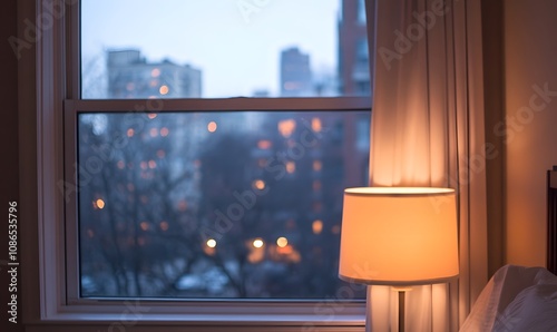 Closed window in a dimly lit room overlooking city buildings, Generative AI 