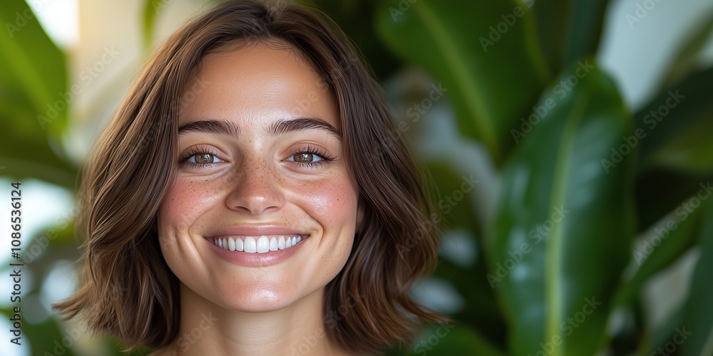 Smiling Woman With Short Brown Hair Poses Cheerfully Against a Backdrop of Lush Green Plants in a Bright and Inviting Indoor Space During Daytime Smiling Woman With Short Brown Hair Poses Cheerfully Against a Backdrop of Lush Green Plants in a Bright and Inviting Indoor Space During Daytime