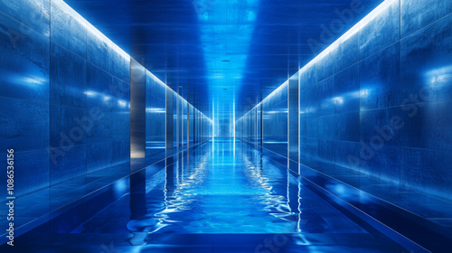 A futuristic, blue-lit hallway. It's dark, sleek, and empty, like a modern, metallic catwalk. The 3D rendering shows reflective surfaces and a stage-like feel.