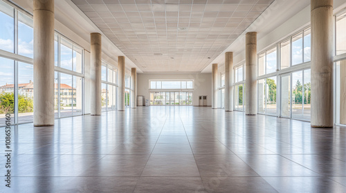 A spacious, empty hall with many columns and large, bright windows. It's a modern, concrete space, perfect for adding text.