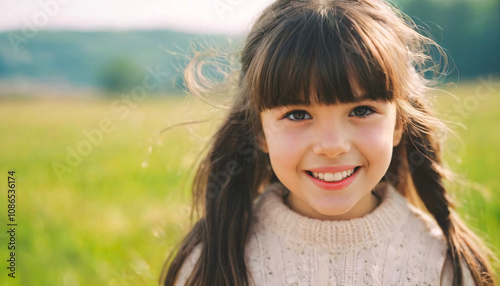 Charming Young Girl with Brown Hair Smiling in a Sunny Green Field, Perfect for Capturing Childhood Joy and Happiness in Nature Settings