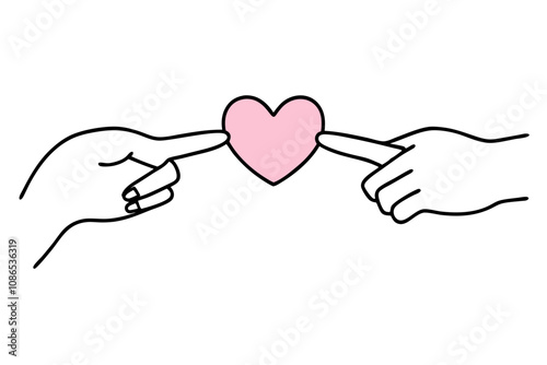 Two hands forming a heart gesture with a pink heart illustration, Valentine Theme, Line Art Silhouette vector illustration