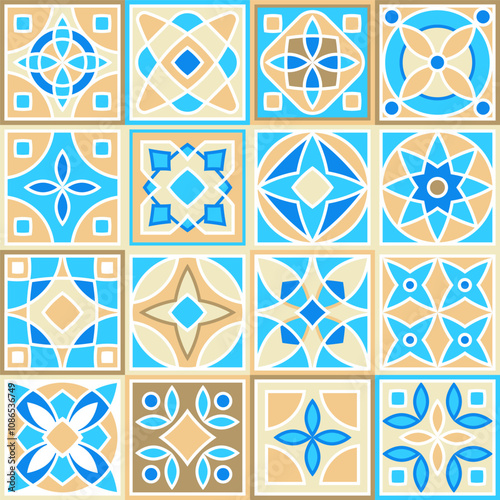 Set of vector hand drawn pattern of square ceramic tile. Ornate patchwork pattern design. Typical Mediterranean floor and wall tiles in different patterns in blue, brown yellow and white color