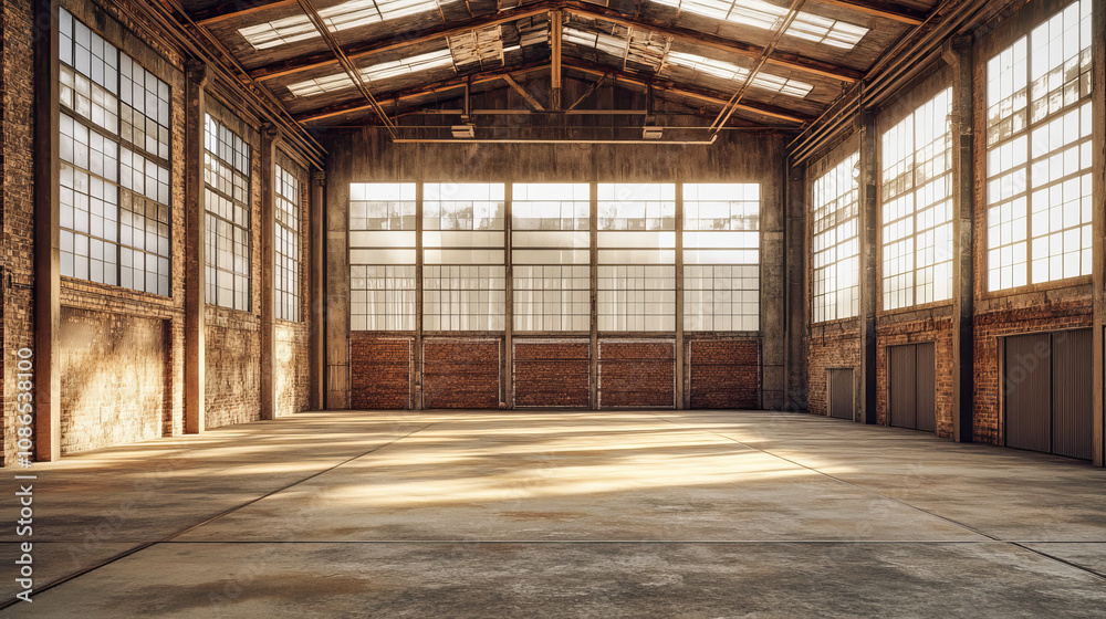A large, modern warehouse with big windows, perfect as a studio, garage, or workshop. The 3D rendering shows a spacious, empty interior of steel and concrete. A large, modern warehouse with big windows, perfect as a studio, garage, or workshop. The 3D rendering shows a spacious, empty interior of steel and concrete.