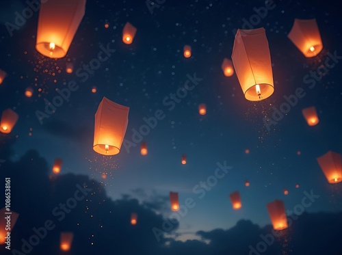 Traditional Sky Lantern Festival Celebration at Night: Atmospheric Cultural Event with Multiple Floating Lanterns photo