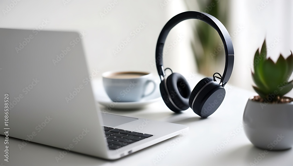 Modern Workspace with Headphones Laptop and Coffee Modern Workspace with Headphones Laptop and Coffee