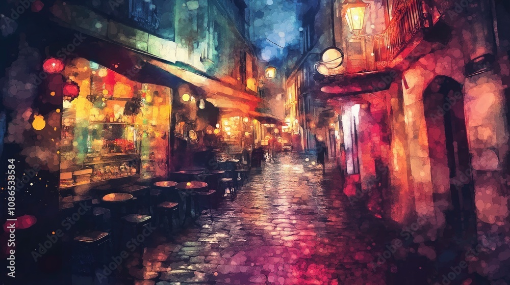 Nostalgic Watercolor Street Scene at Night Nostalgic Watercolor Street Scene at Night