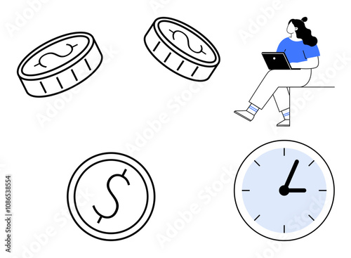 Woman working on a laptop, coins depicting money, and a clock symbolizing time. Ideal for finance, time management, work-life balance, productivity, remote work, freelance economy, personal finance