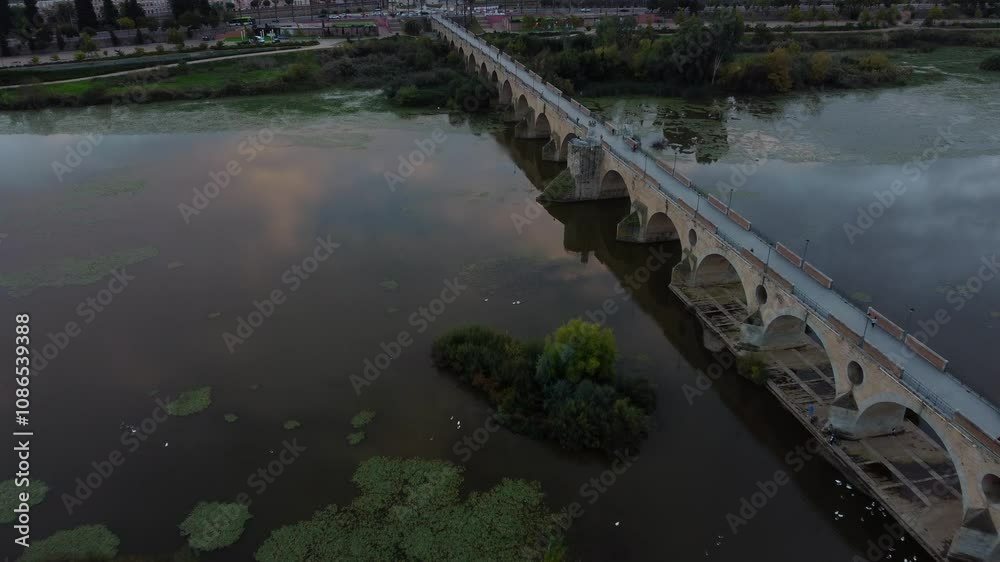 View of Palmas Bridge and its arches during beautiful sunset, Badajoz. Aerial View of Palmas Bridge and its arches during beautiful sunset, Badajoz. Aerial