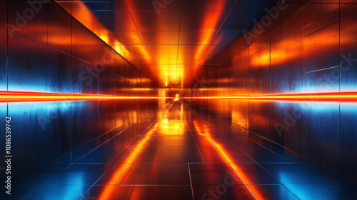 A futuristic room with glowing blue and orange glass. Red laser lights shine in a dark hallway with a glossy concrete stage. It's a 3D rendering.