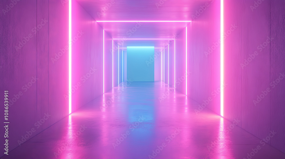 A futuristic spaceship corridor glows neon. White concrete floor, dark walls, and empty space for text. A 3D rendering. A futuristic spaceship corridor glows neon. White concrete floor, dark walls, and empty space for text. A 3D rendering.