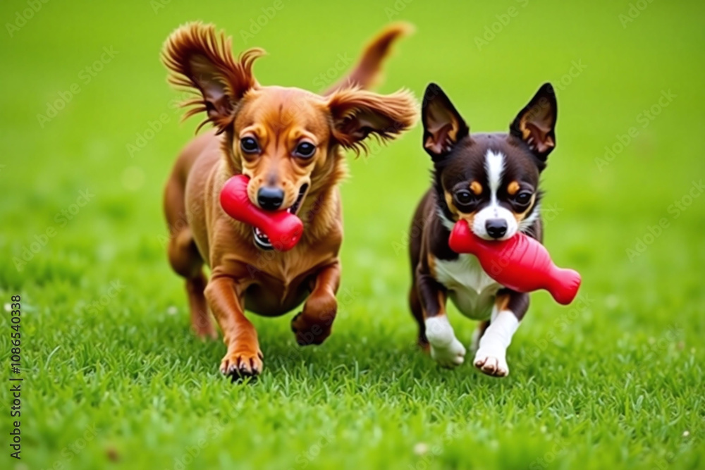 Two small dogs playing, dachshund and Chihuahua, lush green grassy area, red rubber toy Two small dogs playing, dachshund and Chihuahua, lush green grassy area, red rubber toy
