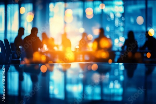 Close-up conference room glass table foreground background blurred image of business photo