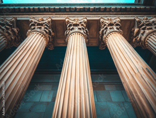 Close-up group four ancient Greek columns are majestic courthouse facade scales photo