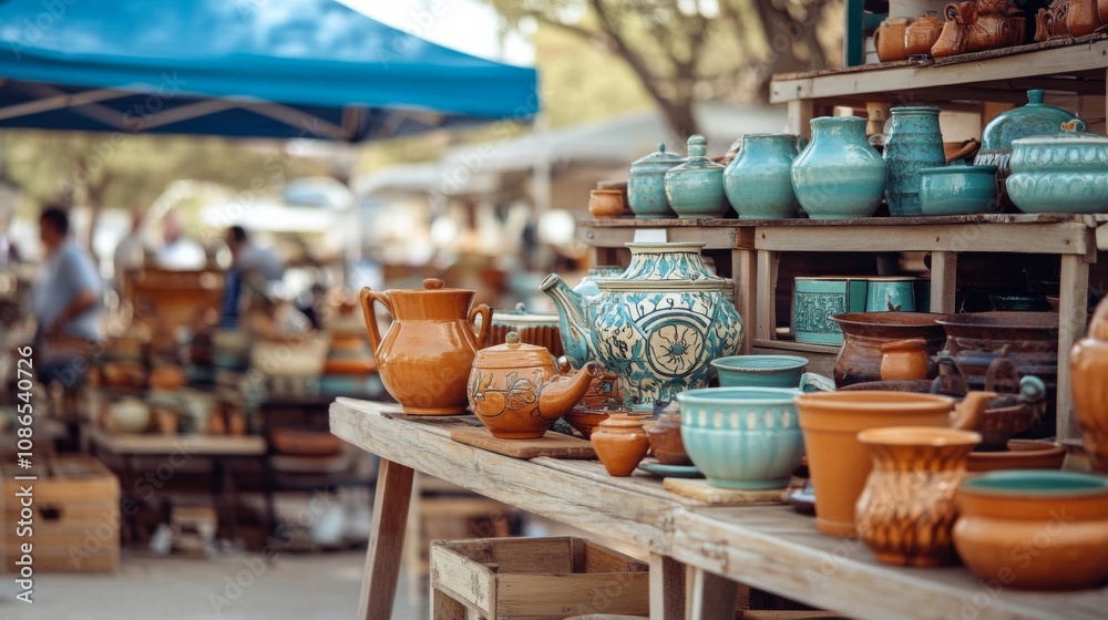 Fototapeta premium Collection vintage pottery items display outdoor market are household objects