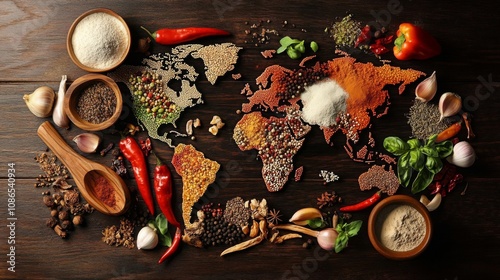 Fototapeta Naklejka Na Ścianę i Meble -  Flat lay world map made up various spices global cuisine diversity