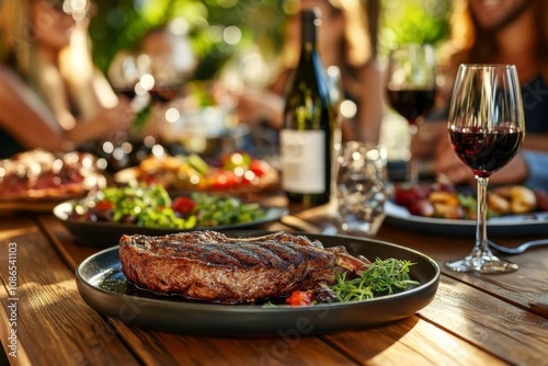 Group people sitting around wooden table outdoor restaurant backyard dinner