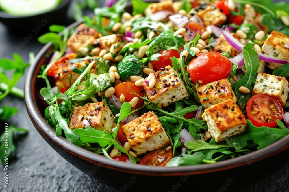 Large bowl salad tofu vegetables made up various healthy vegan Large bowl salad tofu vegetables made up various healthy vegan