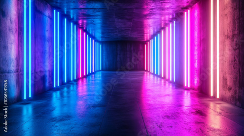 A dark spaceship room gleams with glowing blue, purple, and pink tubes. Their neon light reflects on the concrete floor. It's an empty, futuristic scene.