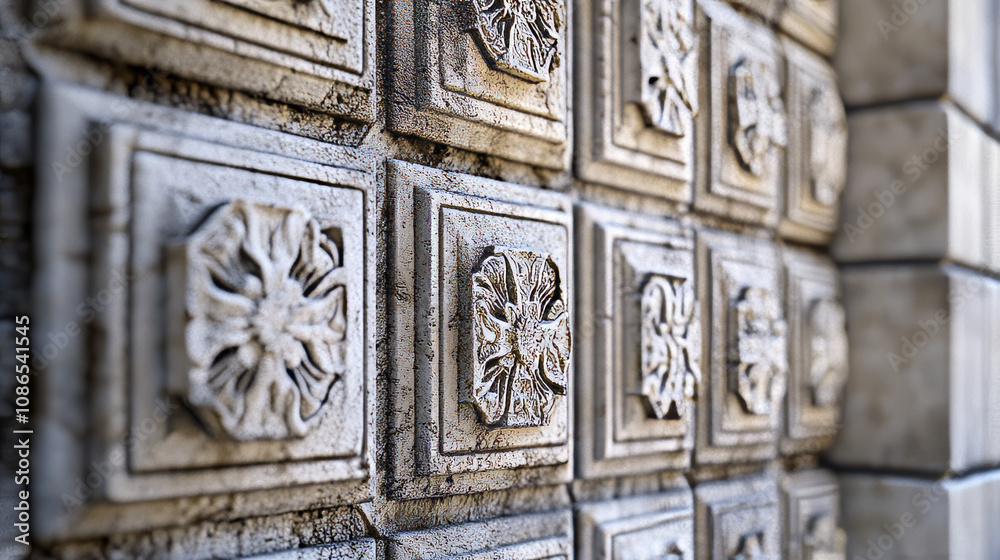 A close-up 3D image of a wall with realistic stone decorations. A close-up 3D image of a wall with realistic stone decorations.