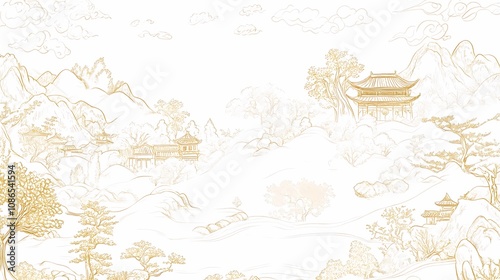Chinese traditional golden line landscape illustration poster background
