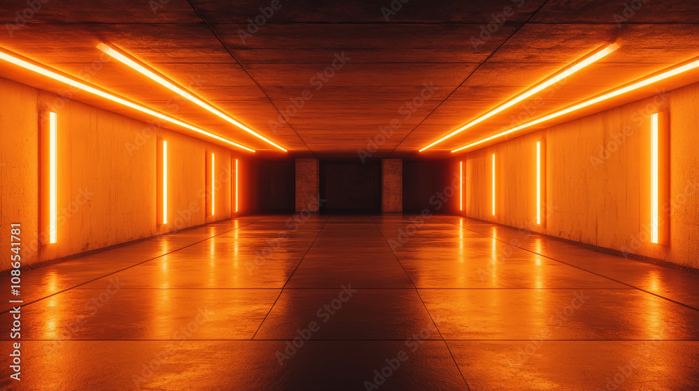 A futuristic, underground garage glows orange. Neon lights and lasers illuminate a dark, concrete-tiled floor in a 3D rendering. A futuristic, underground garage glows orange. Neon lights and lasers illuminate a dark, concrete-tiled floor in a 3D rendering.