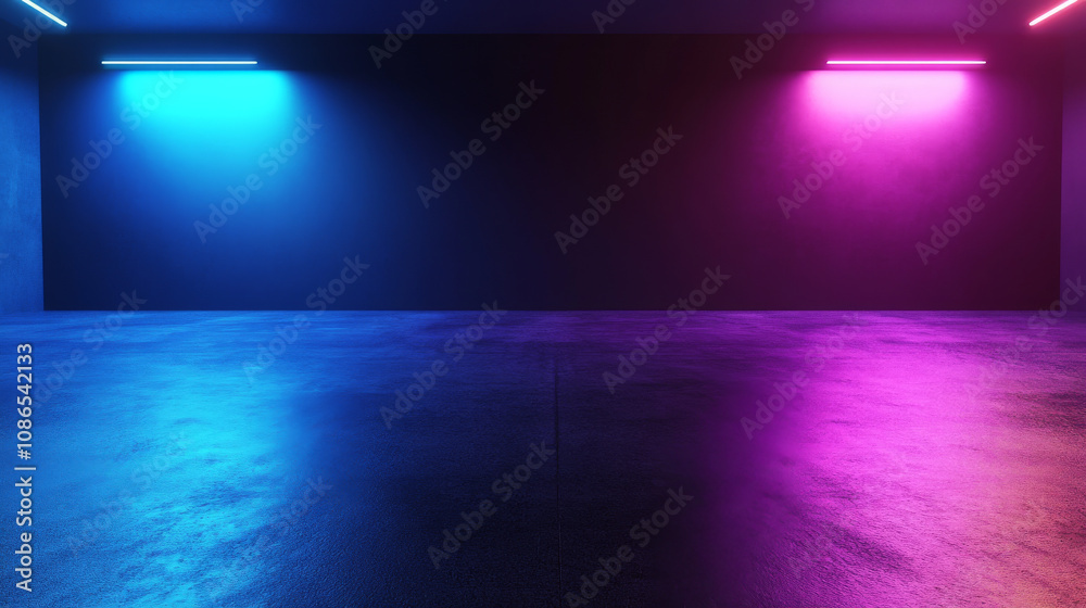 A futuristic, neon-lit studio. Blue and purple lights glow on a dark, empty concrete floor. The scene is rendered in 3D. A futuristic, neon-lit studio. Blue and purple lights glow on a dark, empty concrete floor. The scene is rendered in 3D.