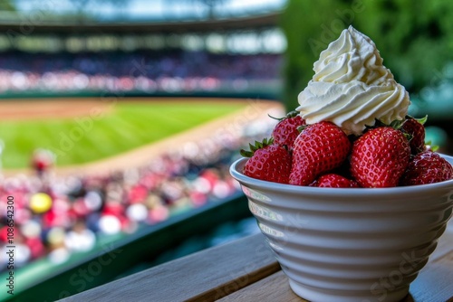 White bowl filled fresh strawberries wooden table is wimbledon inspired dessert