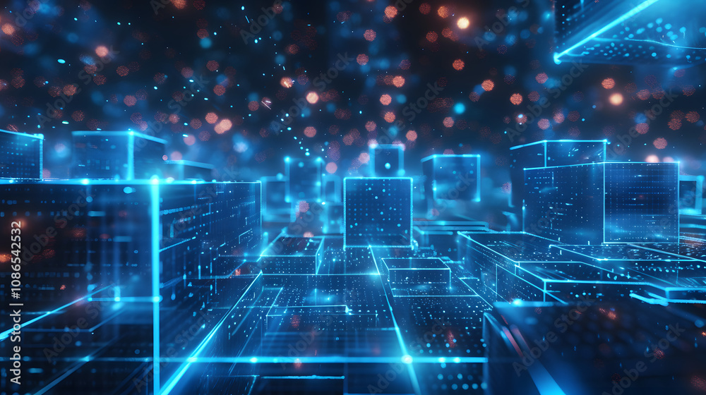 Glow blue digital landscape with cube particle. Crypto currency, big data, block chain and digital technology concept Glow blue digital landscape with cube particle. Crypto currency, big data, block chain and digital technology concept